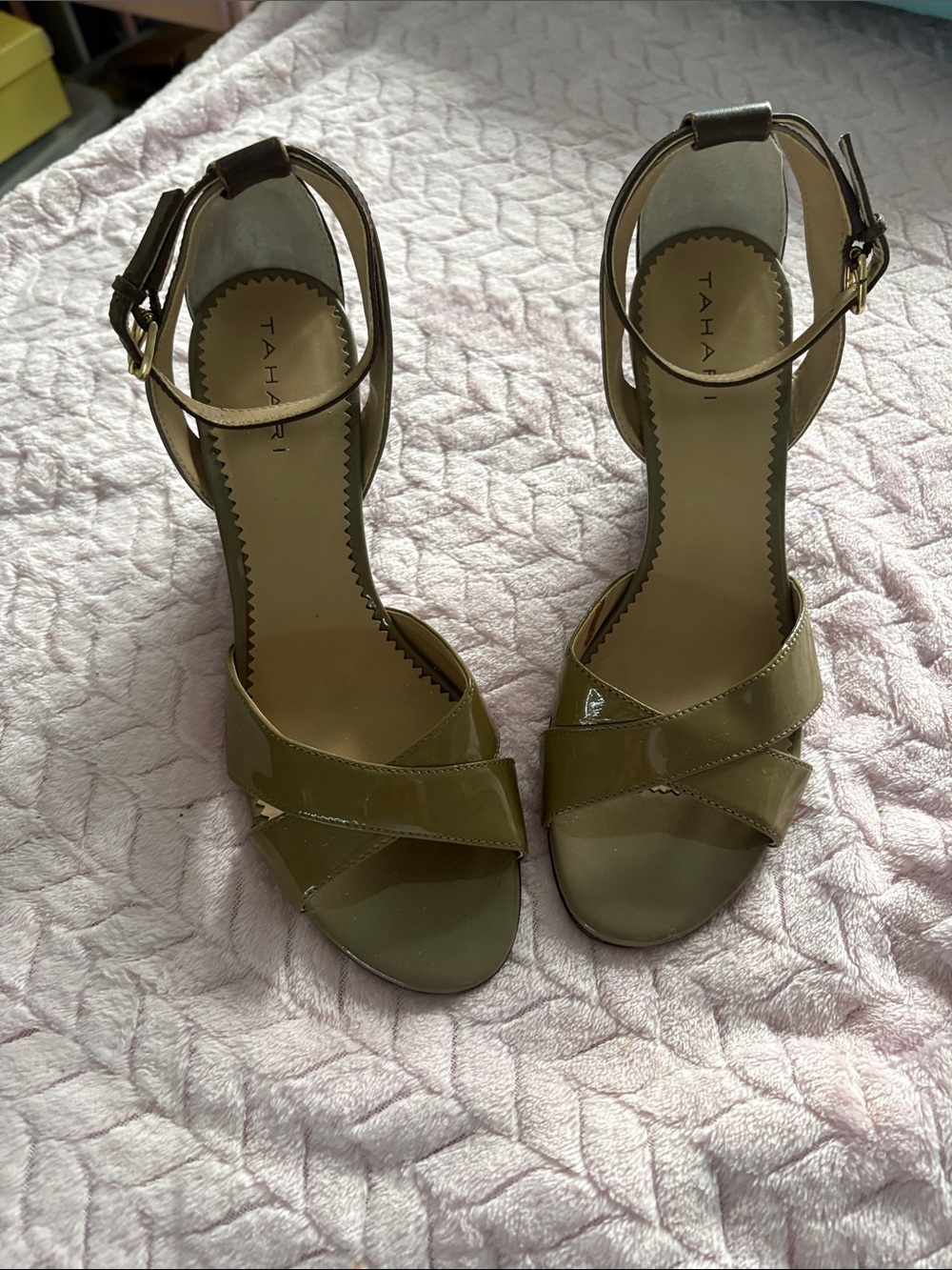 Tahari Olive Patent Crisscross Ankle-Strap Heels